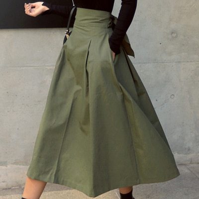 Fashion Solid Color Swing Boho Style Versatile High Waist Bow Knot Slim Skirt