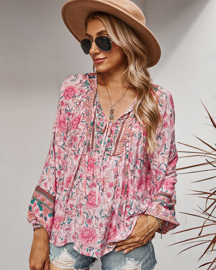 Women's Top Boho Print Fringe V-Neck Long Sleeve Shirt