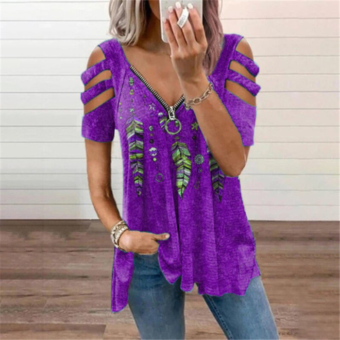 Women's Sexy Fashion Pullover Printed V-Neck Zip T-Shirt