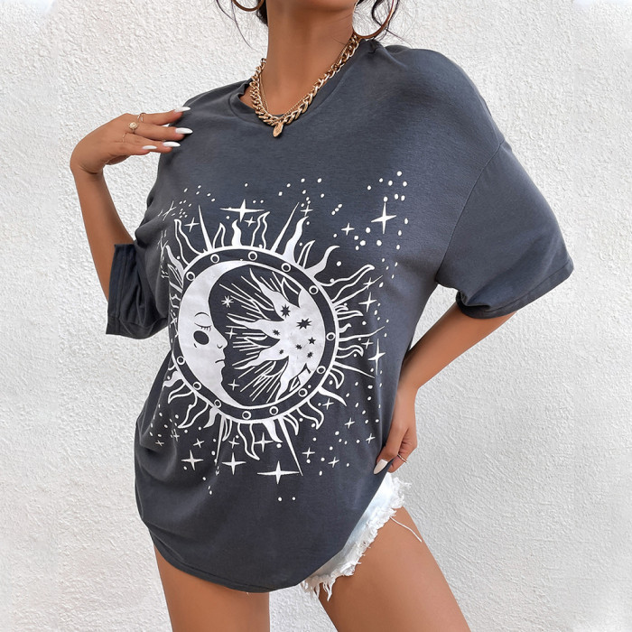 Summer Pullover Women's Top Round Neck Loose Fashion Print T-shirt