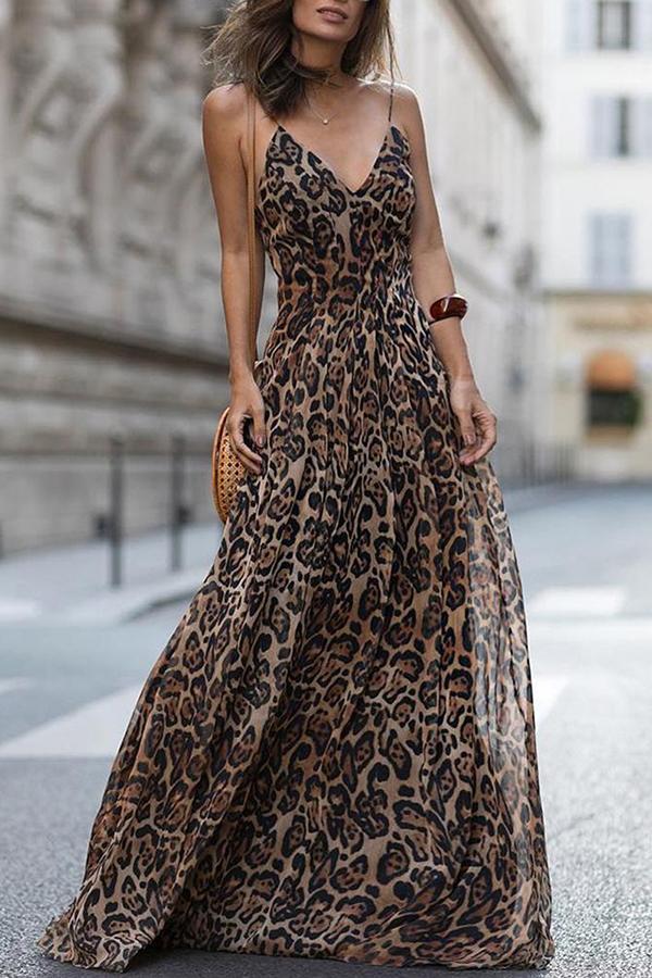 Sexy Leopard Print Sleeveless Maxi Dresses