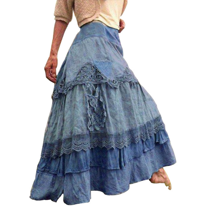New Women's Fashion Retro Ruffled Lace Stitching Large Swing Skirt