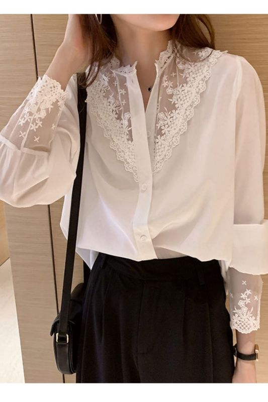 Women Lace Panel Chiffon O Neck Button Long Sleeves Elegant Shirts