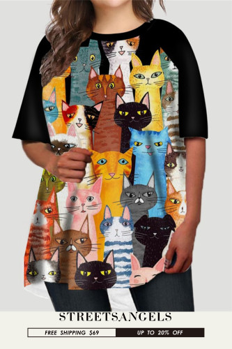 Summer O Neck Cute Kitten Pattern Women's T-Shirts