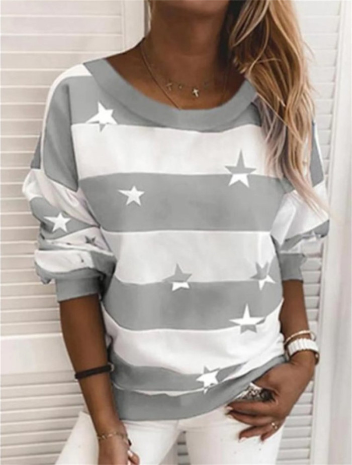 Fashion Casual O Neck Stripe Printing Women's Shirts