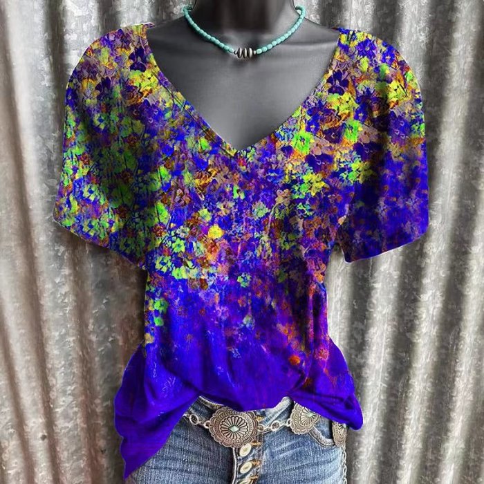 Vintage Floral Printed V-Neck Tie-dye T-Shirts