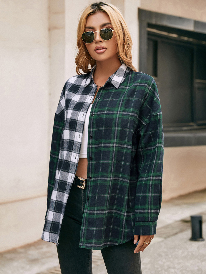 Loose Casual Lapel Long-sleeved Single-breasted Shirt Plaid Print Stitching Coats