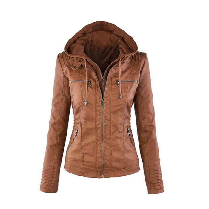 Women Coat Long Sleeve Zipper Slim Leather Female Jackets