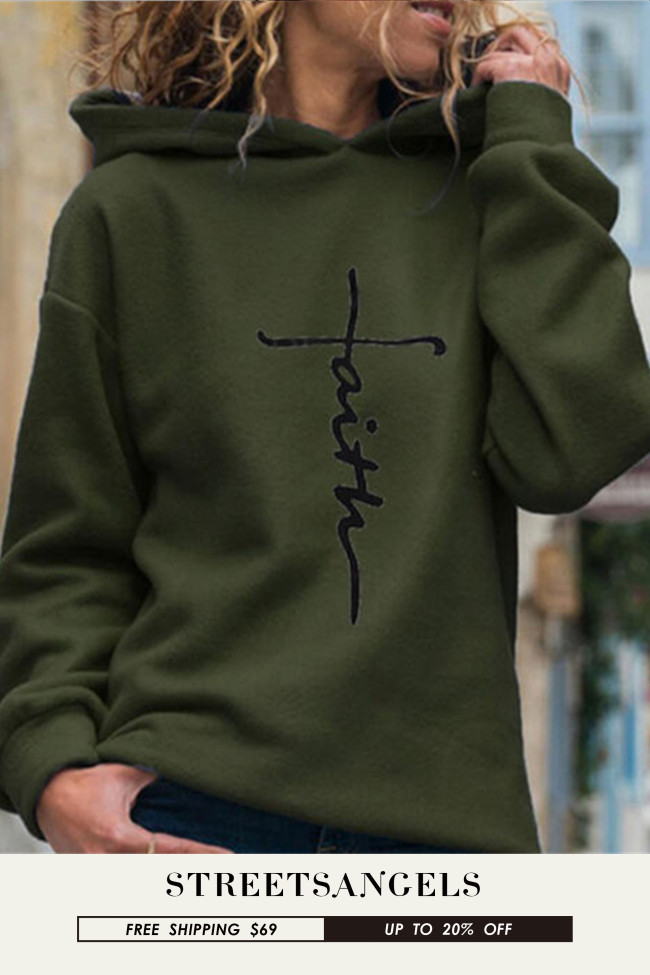 Woman Pattern Print Fleece Casual Drawstring Hoodies