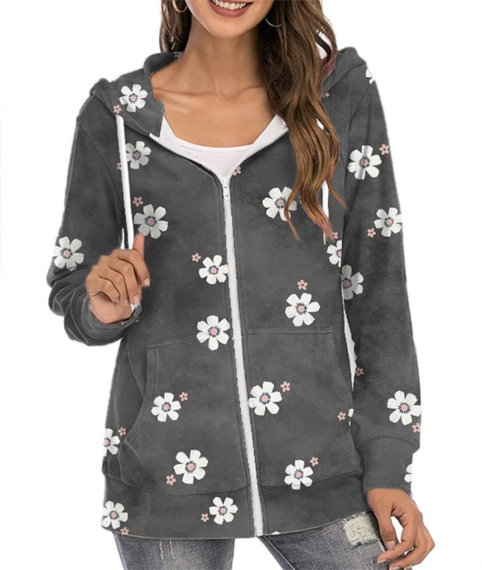 Woman Fashion Floral Print Zip-up Sweatshirt