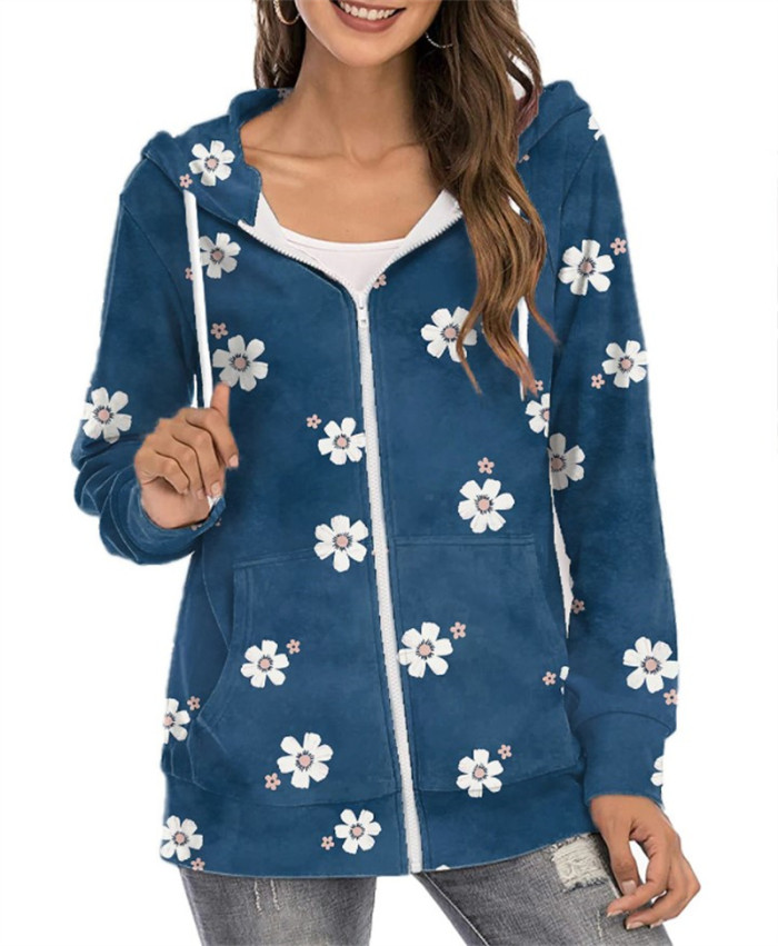 Woman Fashion Floral Print Zip-up Sweatshirt