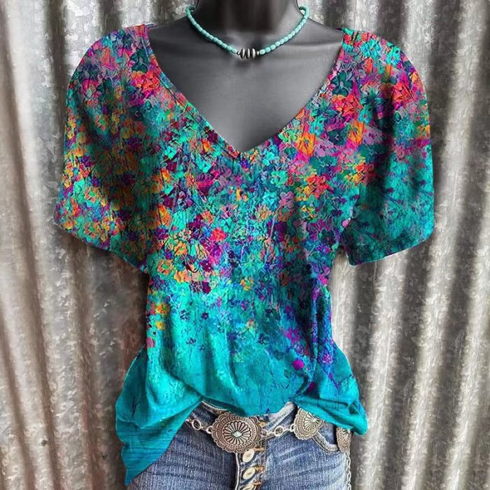 Vintage Floral Printed V-Neck Tie-dye T-Shirts