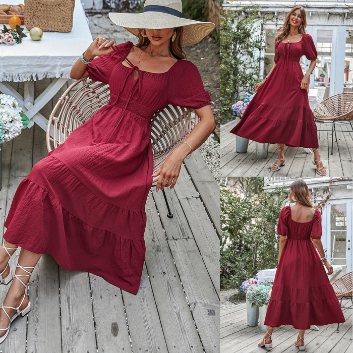 Lace-up Square Neck Ruched Flowy Solid Red High Waist Ruffle Maxi Dress