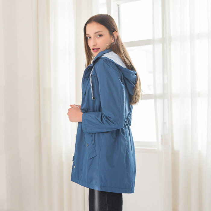 New Casual Waist Hooded Windbreaker Women's Mid-length Raincoat Jackets