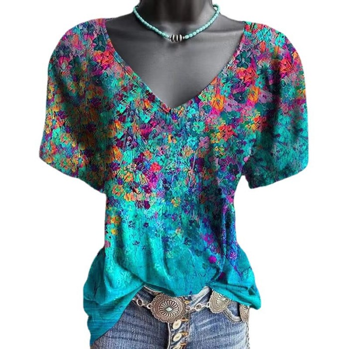 Vintage Floral Printed V-Neck Tie-dye T-Shirts