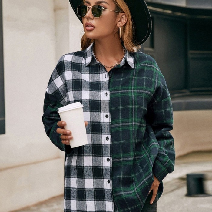 Loose Casual Lapel Long-sleeved Single-breasted Shirt Plaid Print Stitching Coats