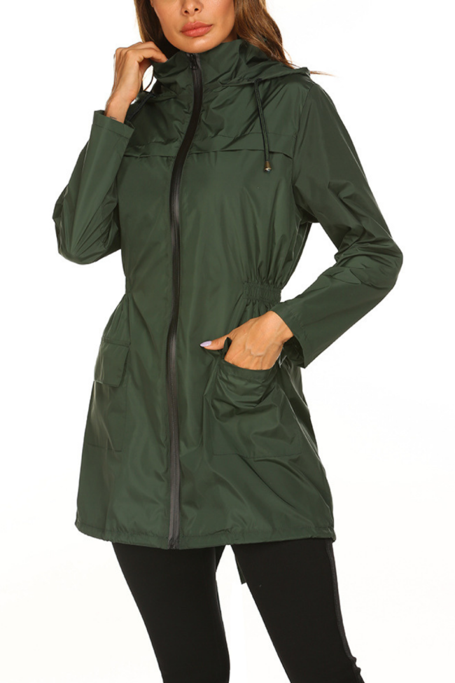 Fashion  Solid Color Long Sleeve Outdoor Waterproof Hooded Raincoat Windproof  Jackets