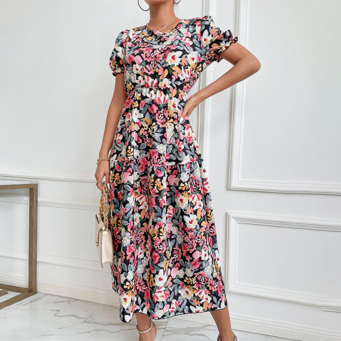 Elegant Floral Puff Sleeve Boho Chic A-Line  Maxi Dress