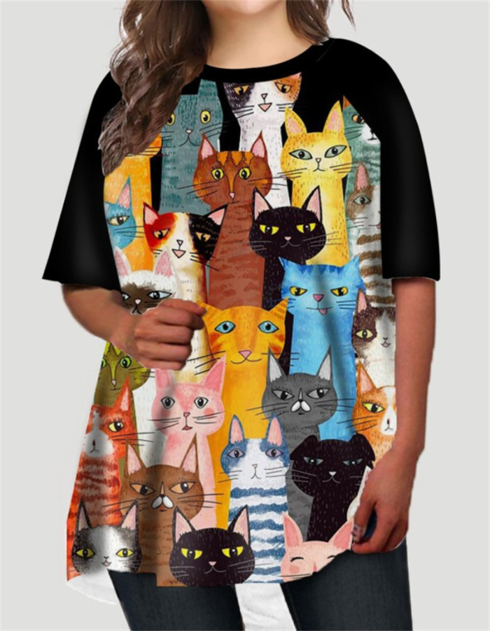 Summer O Neck Cute Kitten Pattern Women's T-Shirts