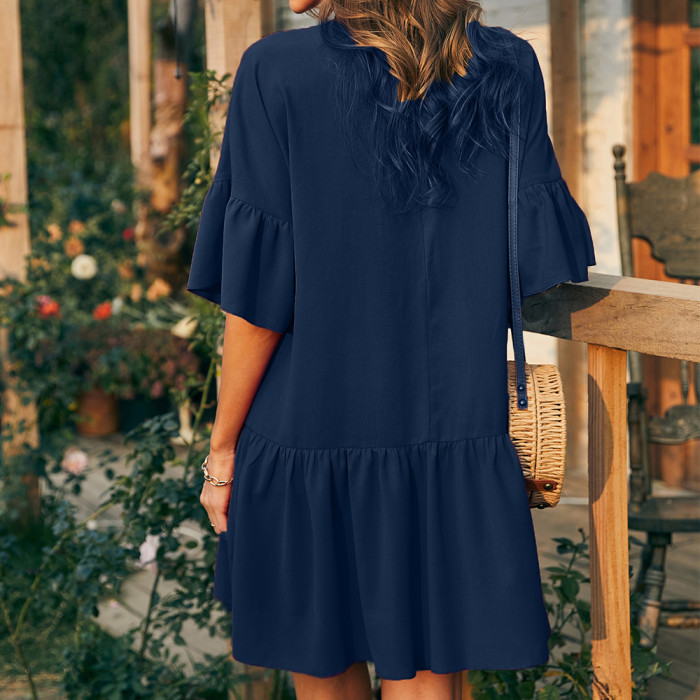 Elegant Irregular Pleated Solid Mid Sleeve Loose  Mini Dress