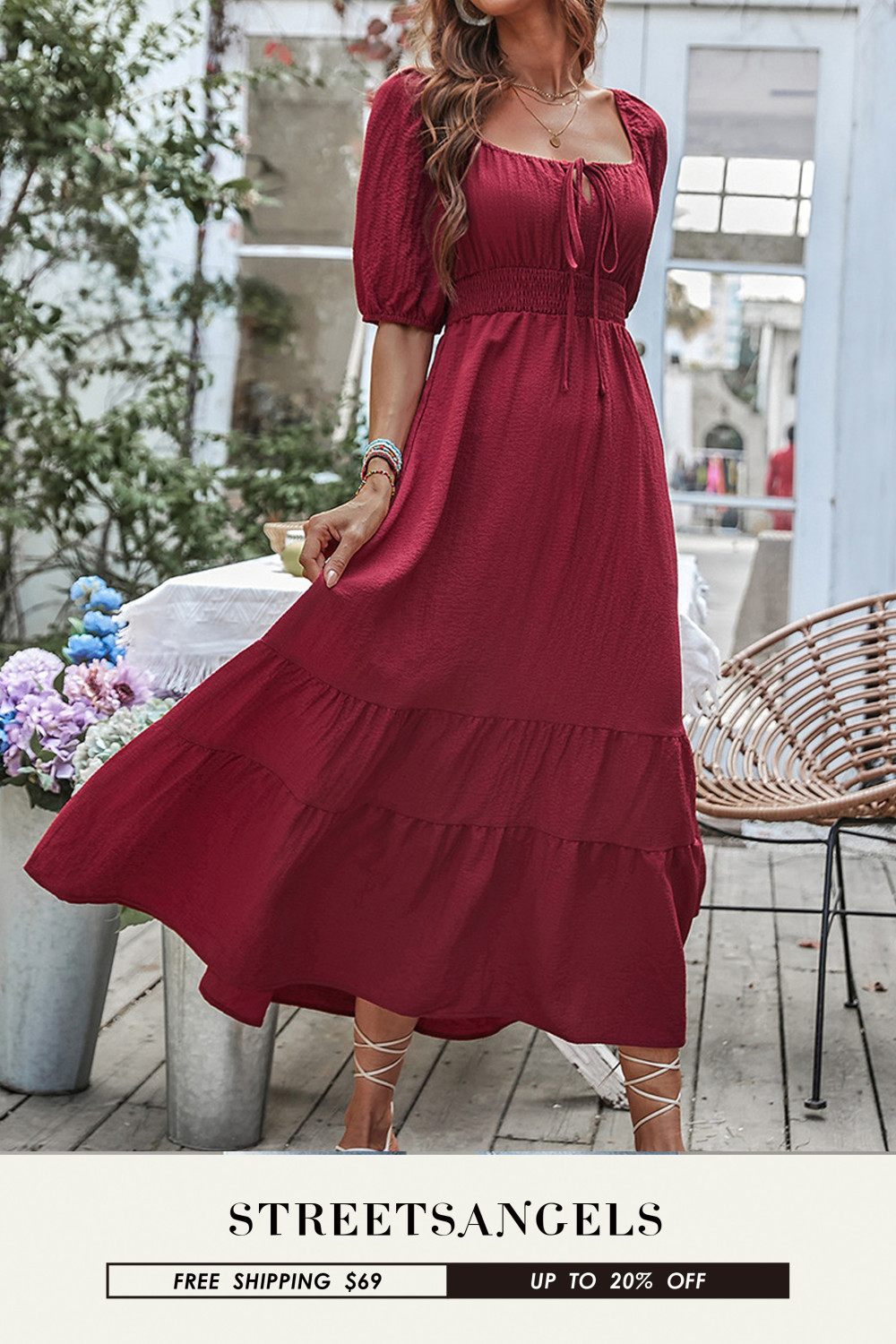 Fiery Red Plain Ruffled High Waist Square Neck Mini Dress