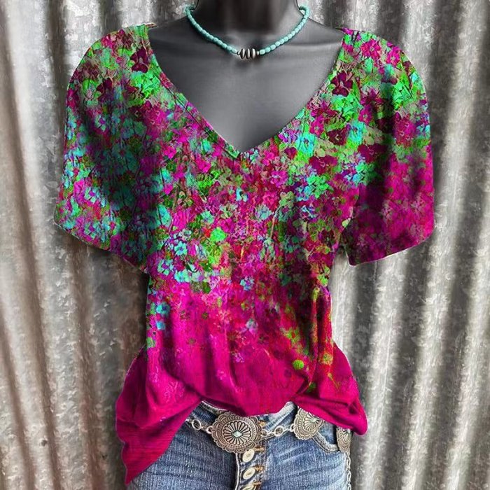 Vintage Floral Printed V-Neck Tie-dye T-Shirts