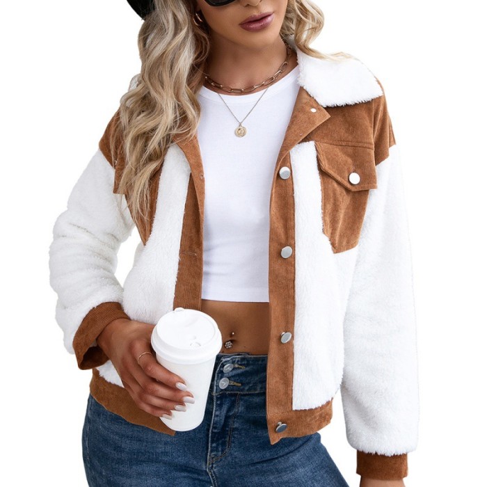 Casual Corduroy Single-breasted Splicing Jacket Foreign Trade Color Matching Plush Jackets