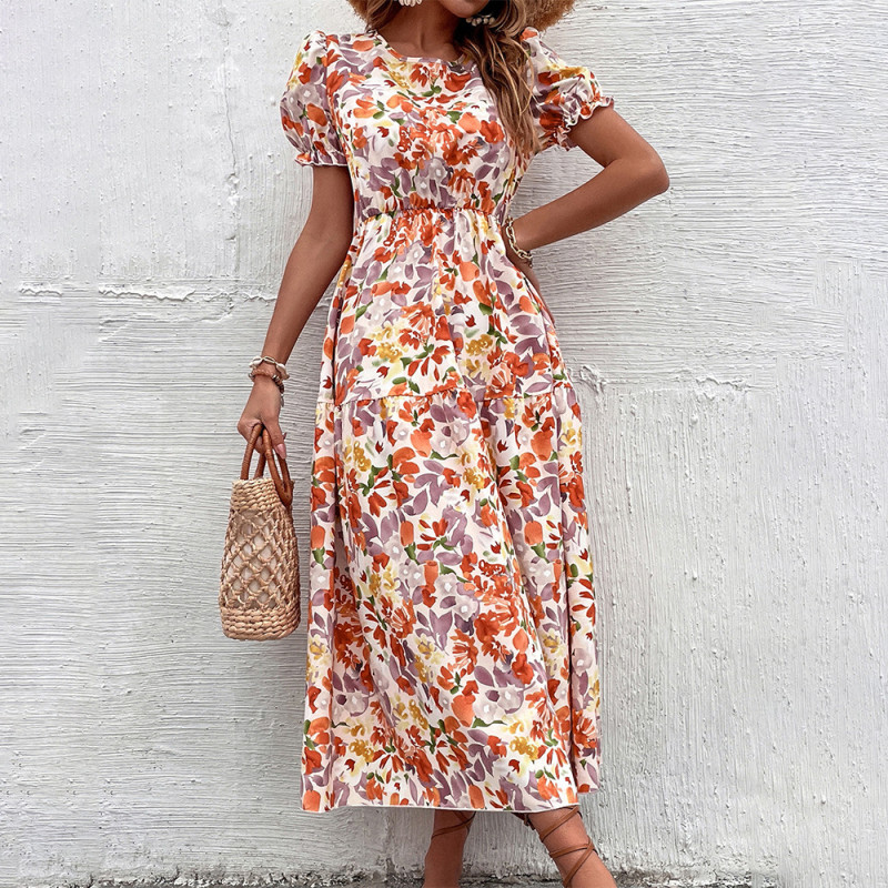 Elegant Floral Puff Sleeve Boho Chic A-Line  Maxi Dress