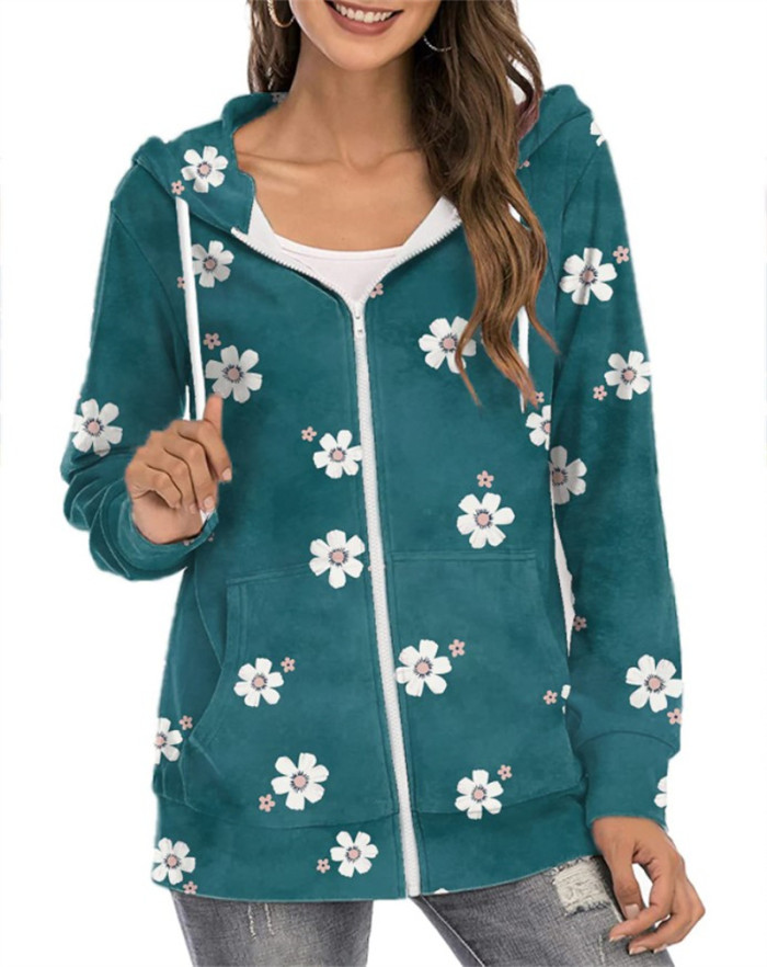 Woman Fashion Floral Print Zip-up Sweatshirt