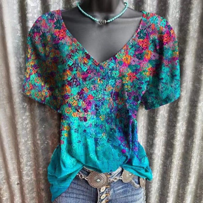 Vintage Floral Printed V-Neck Tie-dye T-Shirts