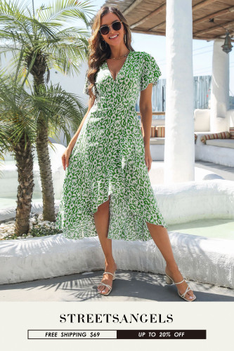 Resort V-Neck Leopard Print Ruffle Ruffle Midi Dresses