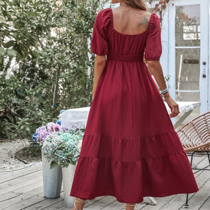 Lace-up Square Neck Ruched Flowy Solid Red High Waist Ruffle Maxi Dress