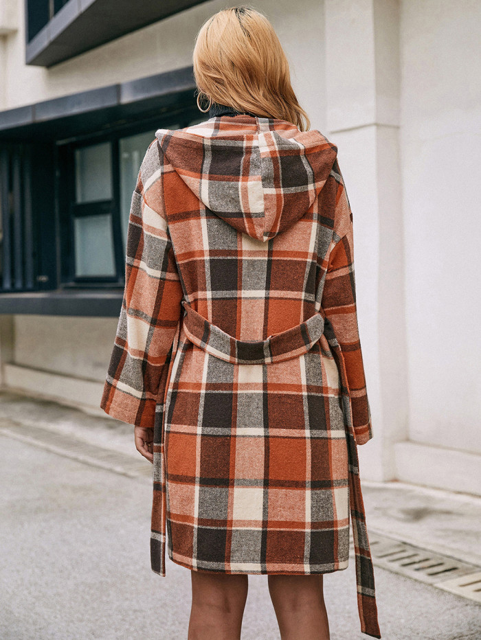 Fashion Loose Casual Elegance Plaid Mid-length Belted Hooded Trench Coats