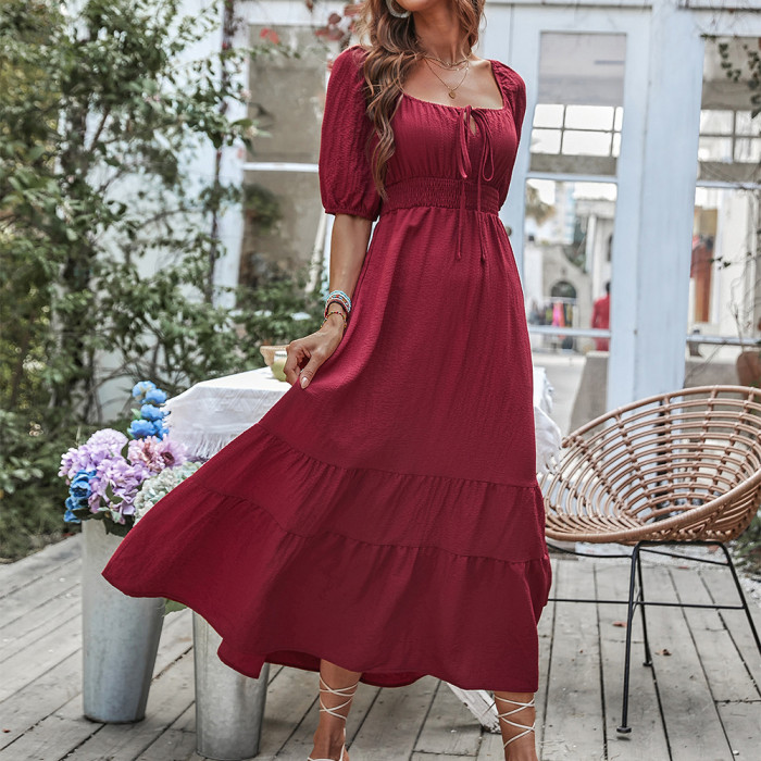 Lace-up Square Neck Ruched Flowy Solid Red High Waist Ruffle Maxi Dress