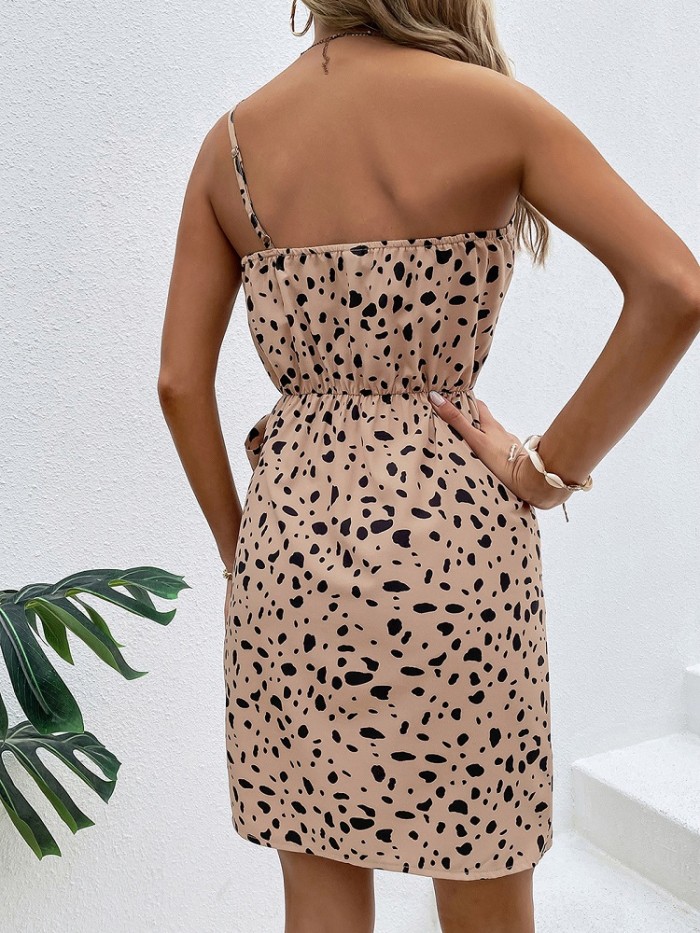Sexy One-Shoulder Sling Leopard Dot Print Fashion Mini Dress