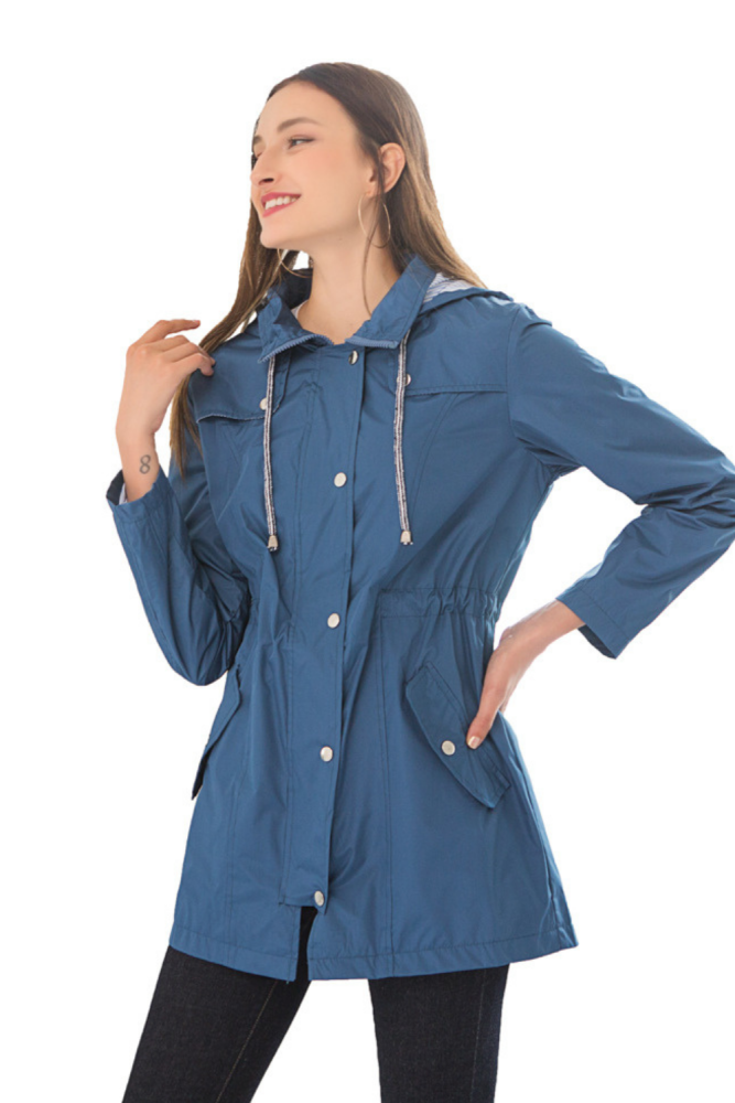 New Casual Waist Hooded Windbreaker Women's Mid-length Raincoat Jackets