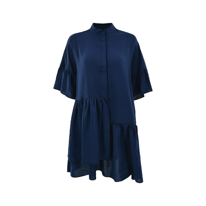 Elegant Irregular Pleated Solid Mid Sleeve Loose  Mini Dress