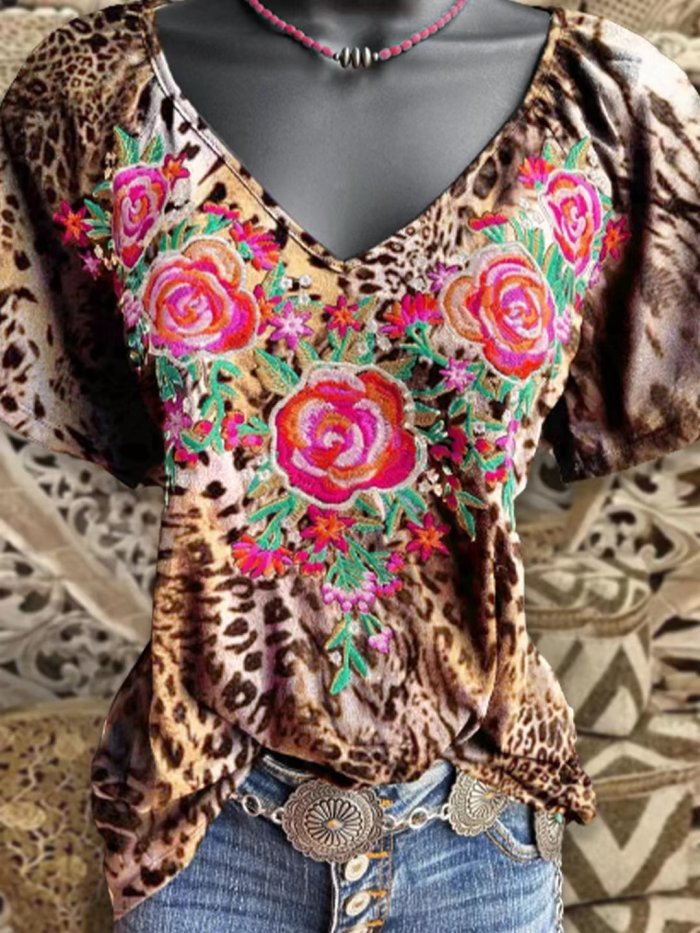 Vintage Floral Printed V-Neck Tie-dye T-Shirts
