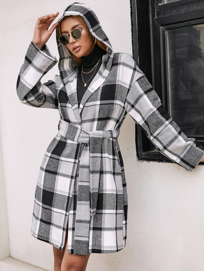 Fashion Loose Casual Elegance Plaid Mid-length Belted Hooded Trench Coats