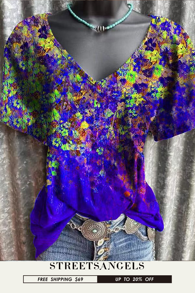 Vintage Floral Printed V-Neck Tie-dye T-Shirts
