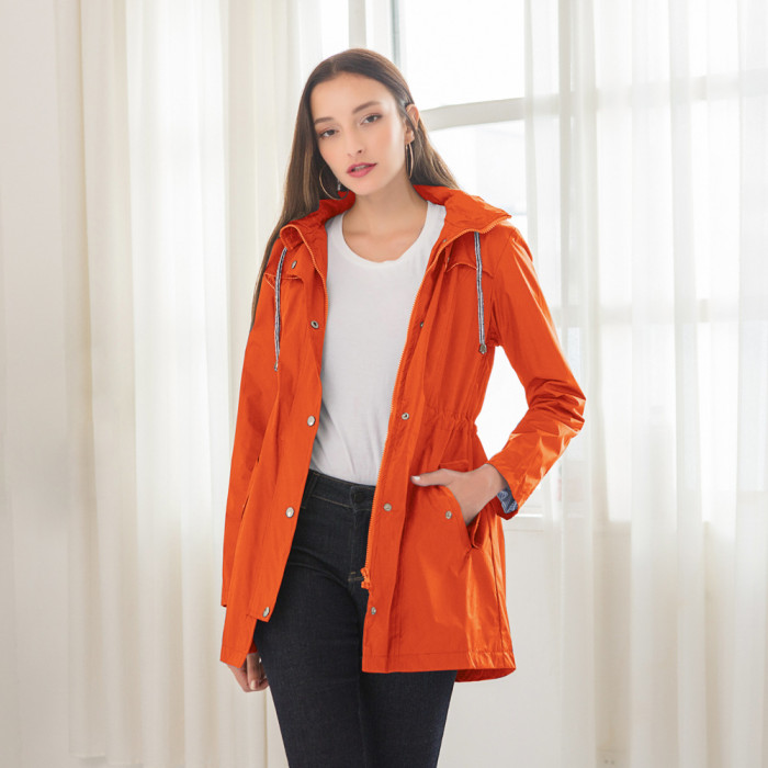 New Casual Waist Hooded Windbreaker Women's Mid-length Raincoat Jackets