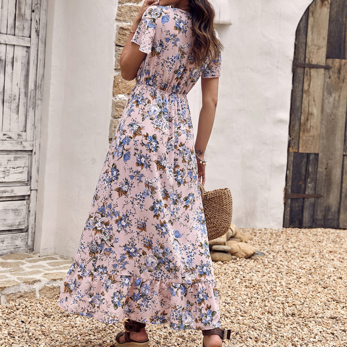 Elegant Floral Fashion V-Neck Print  Maxi Dress