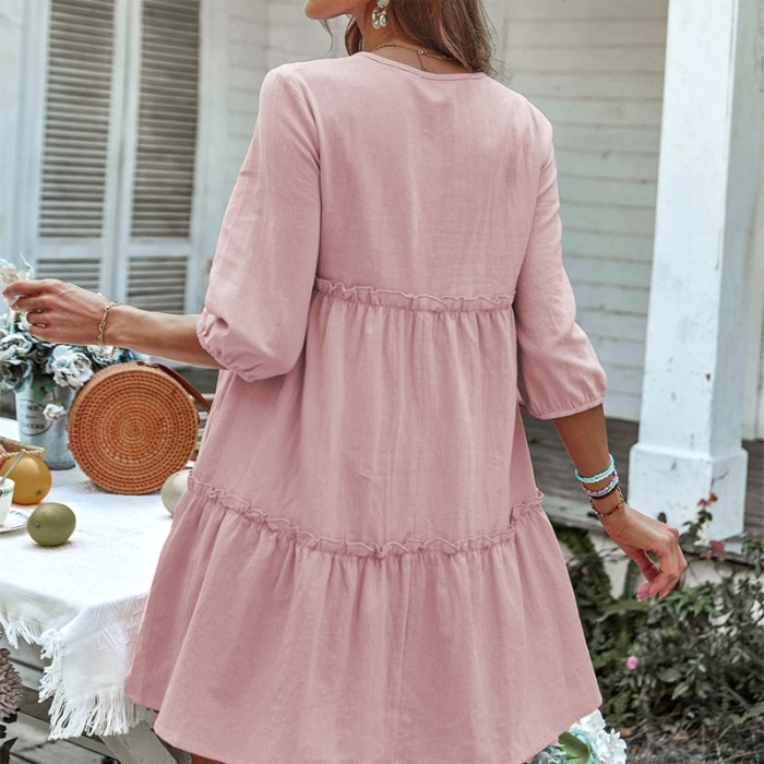 Half Sleeve Tie V Neck Boho Solid Casual Loose A-Line  Mini Dress