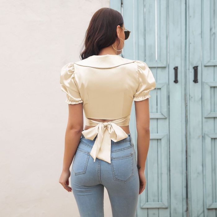 Women Sexy Hollow Out Backless Turn Down Collar Blouse