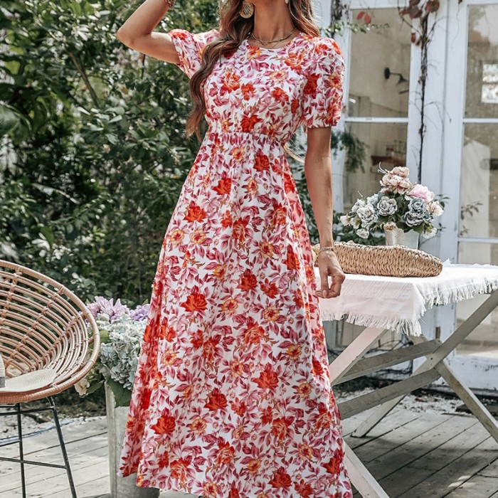 Floral Bubble Short Sleeve Sexy High Waist Ruffle Party Maxi Dress