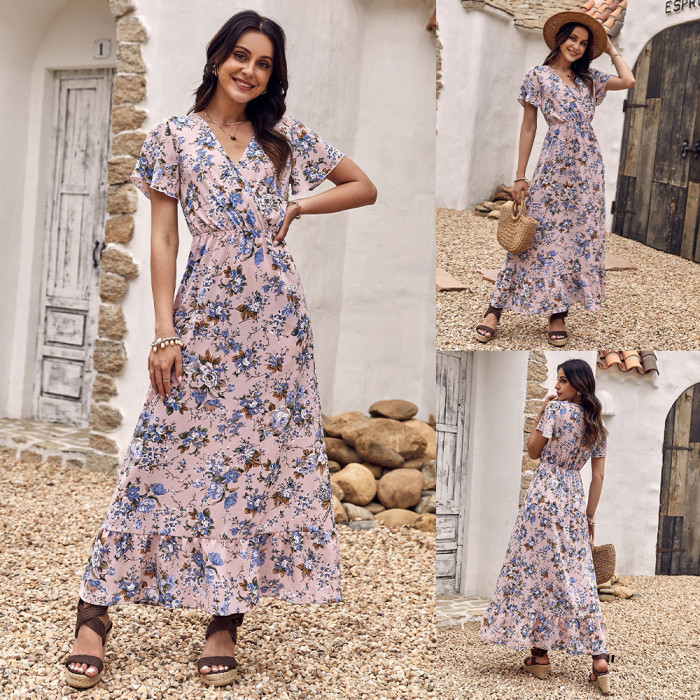 Elegant Floral Fashion V-Neck Print  Maxi Dress
