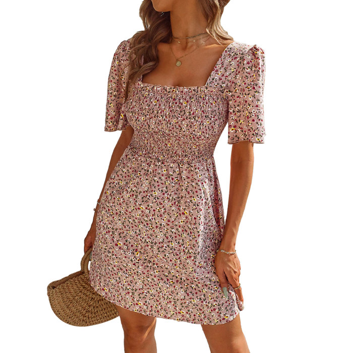 Floral Print Chic Square Neck Ruched High Waist A-Line Mini Dress