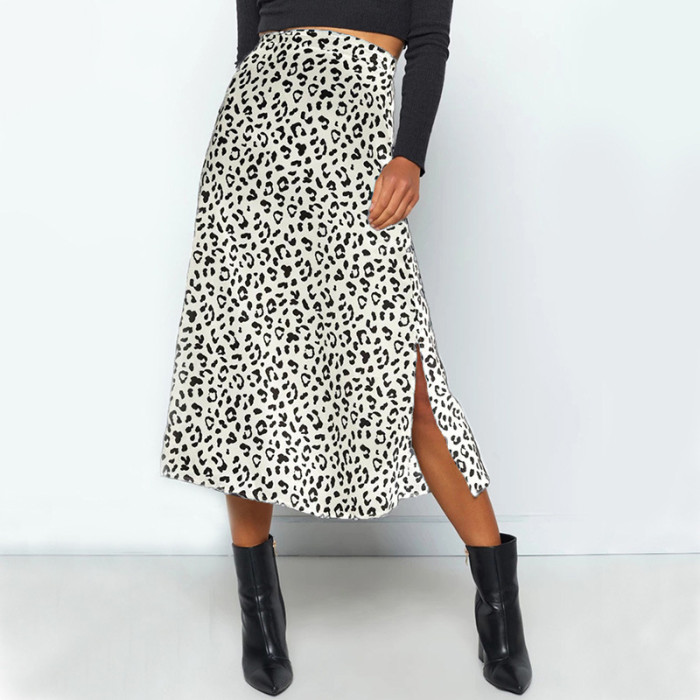 Leopard Chiffon Print Slit Sexy High Waist Skirts