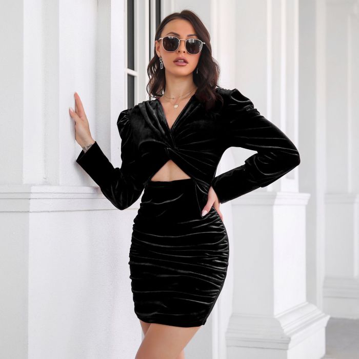 Twisted Puff Sleeves Ruched Solid Bodycon Dresses