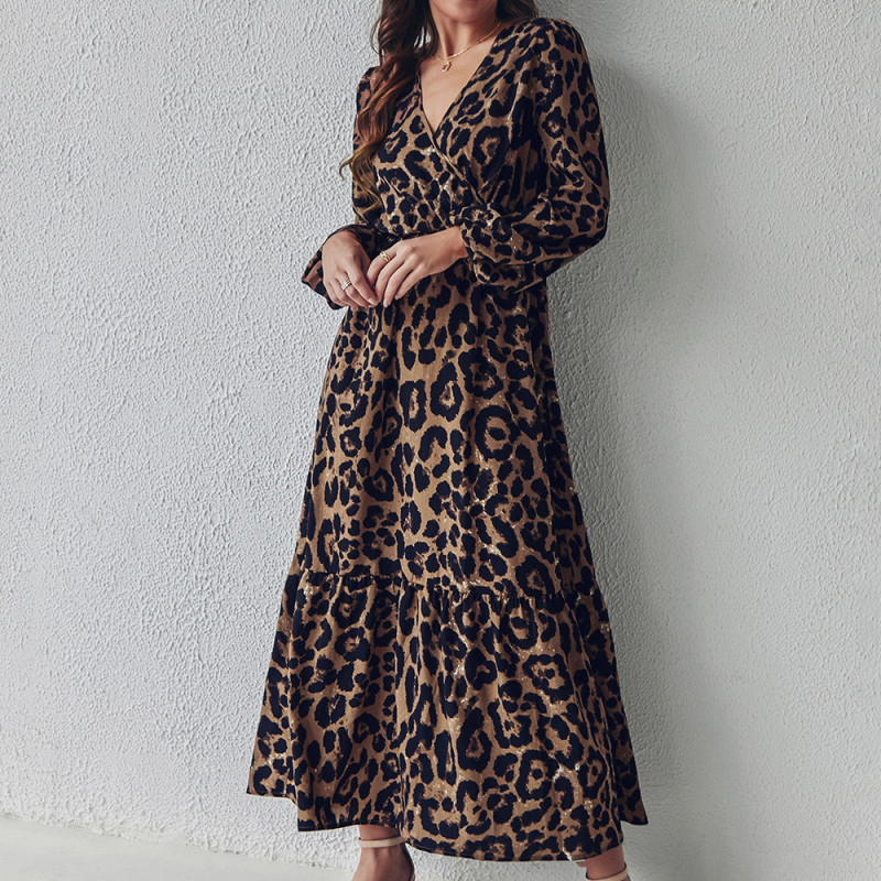 Sexy Leopard Print Party Long Sleeve Retro Casual Fashion Maxi Dress